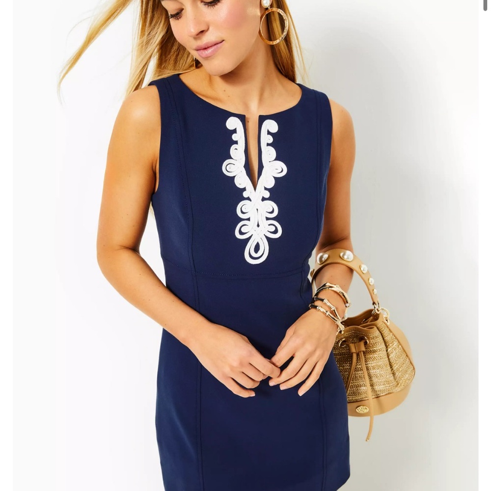 Lilly Pulitzer Navy & White Embellished Trini Viscose Shift Dress